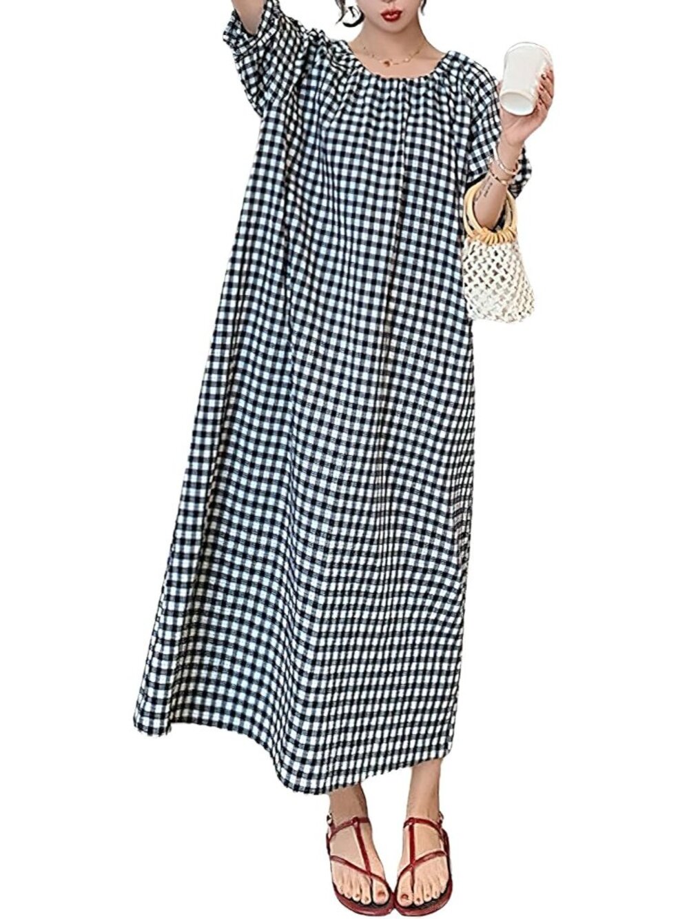 Women's Casual Gingham Loose-Fit Swing Dress Cotton Lantern Puff Sleeve Plaid Mi